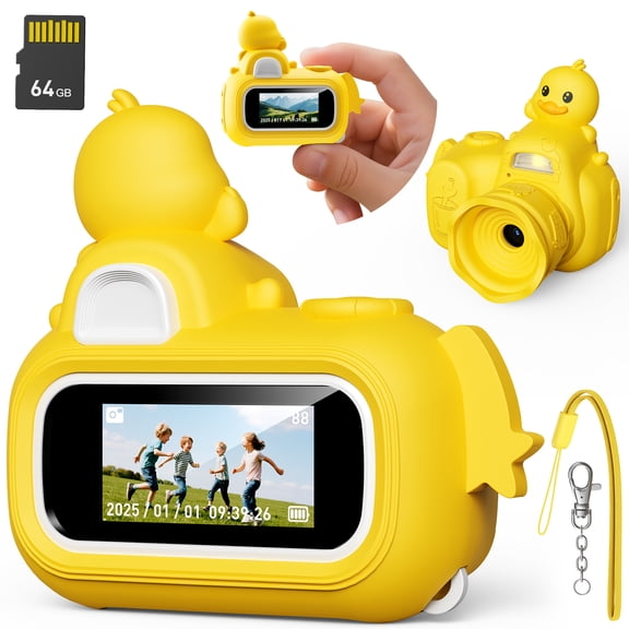 TAZAG children's cartoon mini camera that can record and take photos with you, portable little yellow duck shape children's birthday gift
