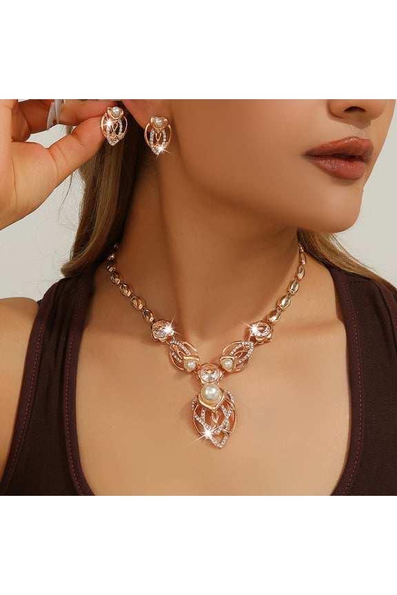 gold zinc alloy inlaid with white rhinestone metal drop necklace earrings set