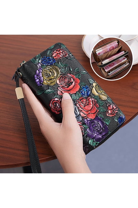 women's genuine leather wallet with large capacity double zipper credit card holder, with RFID blocking function, can be used as a mobile phone wristlet or evening bag