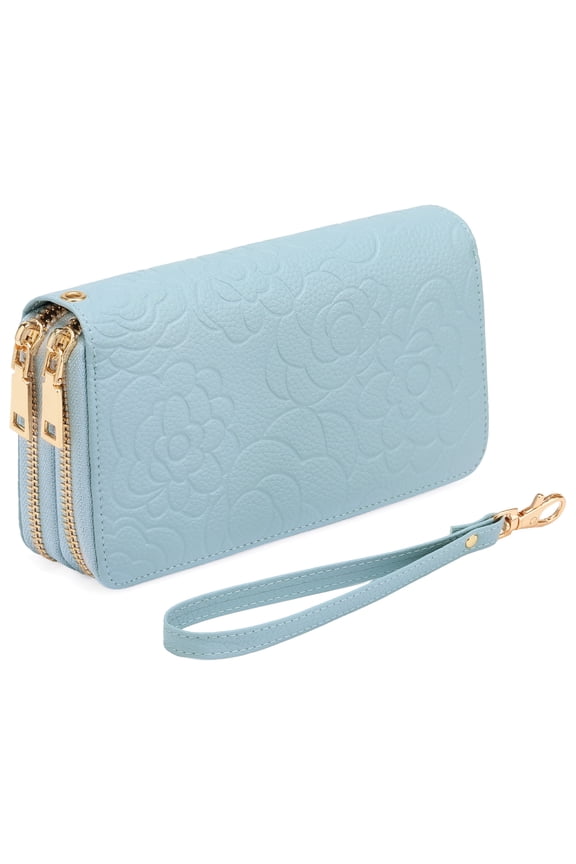 women's new wallet genuine leather long double zipper bag fashionable camellia embossed first layer cowhide wallet