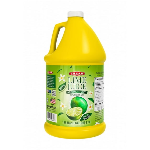 TAZAH 100% Real Lime Juice, Reconstituted 128 fl oz 1 Gallon 3.78L Natural Flavor & Strength Ideal for Cooking, Cocktails, and Beverages Kosher, Made in USA