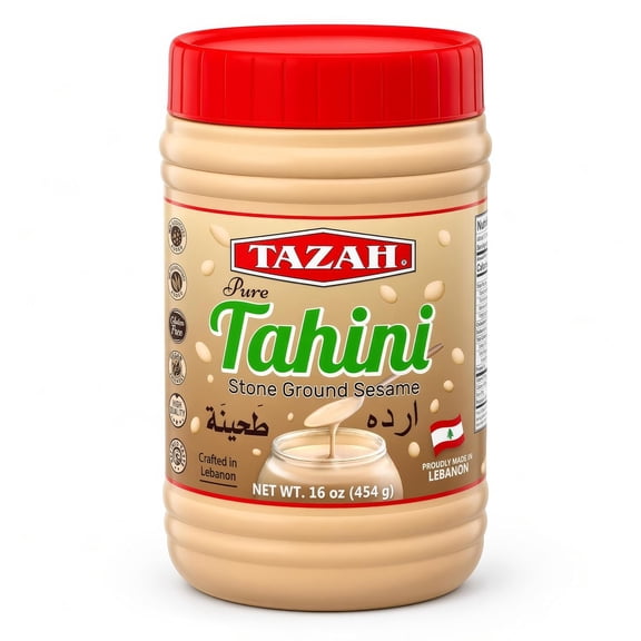 TAZAH Pure Lebanese Tahini Paste, Stone Ground Sesame, 16 oz Jar