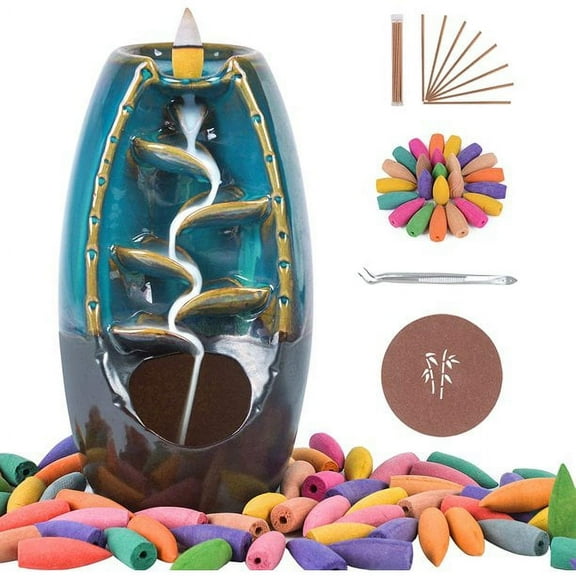 TAZEMAT Backflow Incense Burner Ceramic Waterfall Incense Holder Fountain Smoke Incense Holder with 20 Incense Cones and 30 Incense Sticks