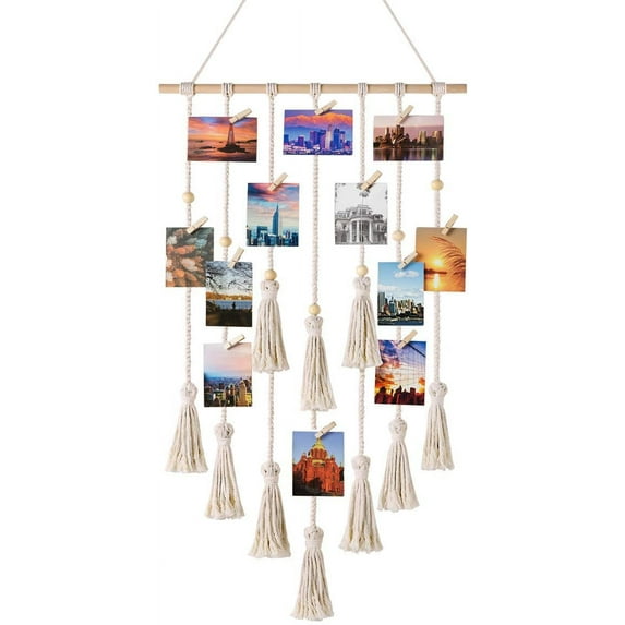 TAZEMAT Hanging Photo Display Macrame Wall Hanging Pictures Organizer with 25 Wood Clips for Boho Home Office Teen Girl Room Decor