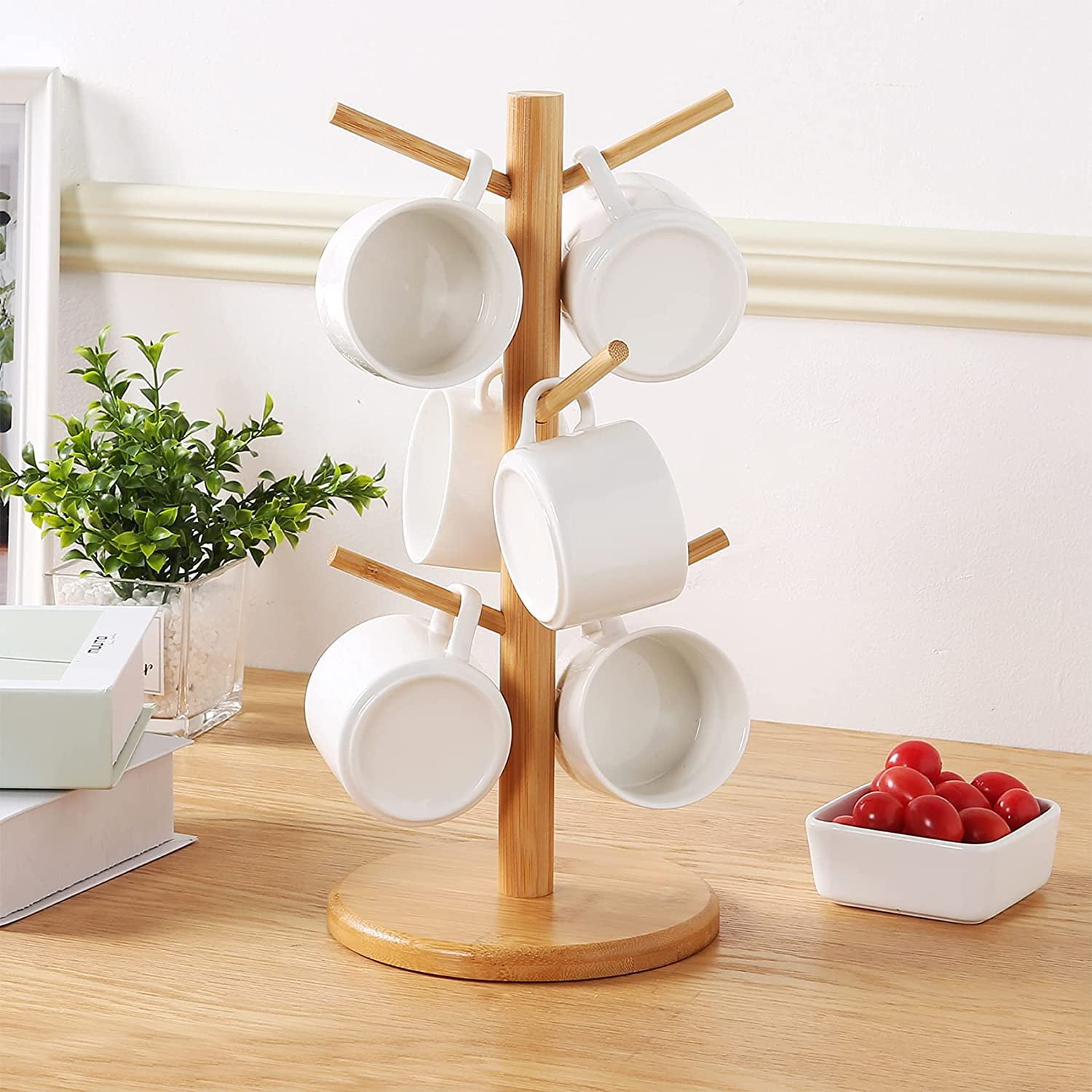 Wisuce Bamboo Mug Holder Tree, Thicker Base Coffee Cup Holder Stand for Counter, Mug Rack with 6 Hooks