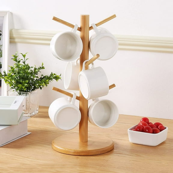 TAZEMAT Mug Holder Tree Coffee Cup Holder, Countertop Mug Tree , Coffee Mug Holder for Counter Stand, Bamboo Mug Rack & Tea Cup Organizer, Bamboo Coffee Counter Bar Accessory with 6 Hooks