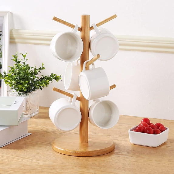 TAZEMAT Mug Holder Tree Coffee Cup Holder, Countertop Mug Tree , Coffee Mug Holder for Counter Stand, Bamboo Mug Rack & Tea Cup Organizer, Bamboo Coffee Counter Bar Accessory with 6 Hooks