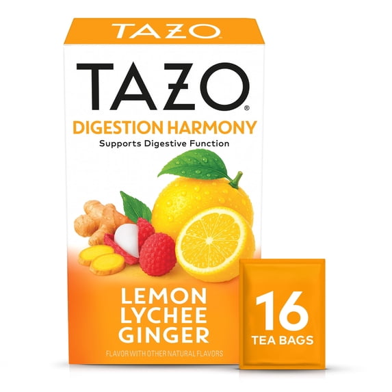 TAZO Digestive Support Herbal Tea, Digestion Harmony—Lemon Lychee Ginger with Ginger & Lemongrass, Caffeine Free, 16 Tea Bags