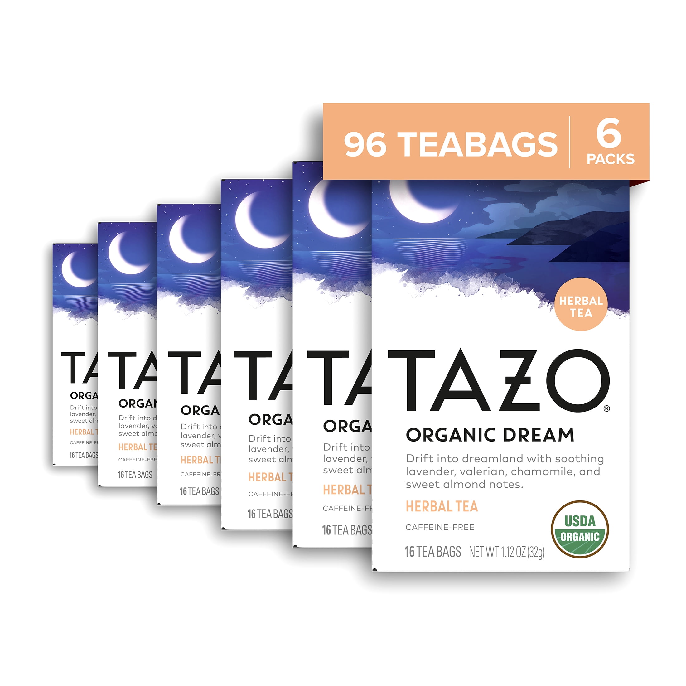 TAZO Organic DREAM Herbal Tea Bags, Caffeine-Free Bedtime Tea, 16 Ct, Pack of 6