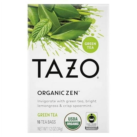 TAZO Organic Zen Green Tea, Caffeinated Tea with Refreshing Lemongrass & Spearmint, 16 Total Bags ( Pack of 2 )