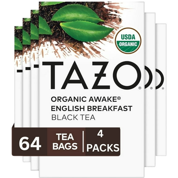 TAZO Organic Awake English Breakfast Black Tea Bags, Caffeinated, Bold Flavor, 16 Count (Pack of 4), 64 Total Tea Bags, USDA Organic, Fair Trade Certified