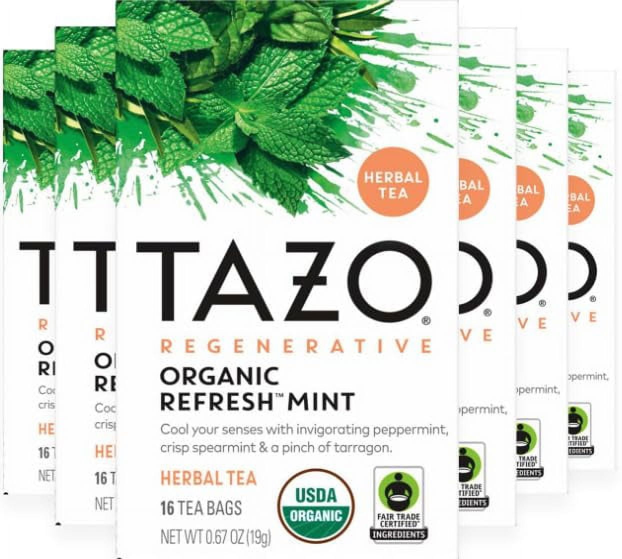 TAZO Regenerative Refresh Mint Herbal Tea Bags, Caffeine-Free, 16 Count (Pack of 6)