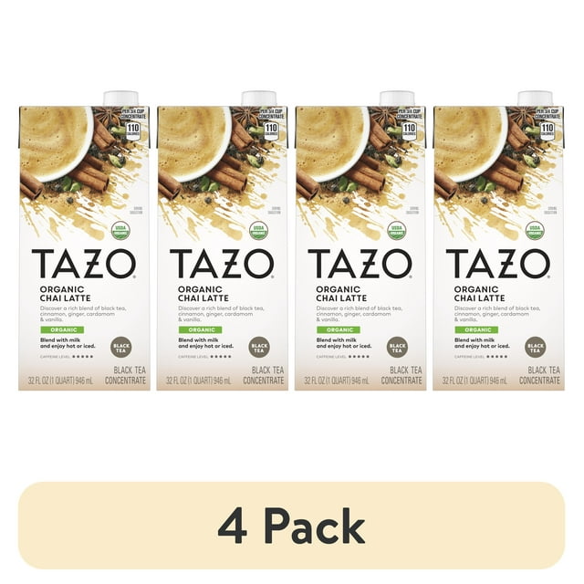 (4 pack) TAZO Spiced Chai Latte Iced Tea Concentrate, Black Tea, 32 oz