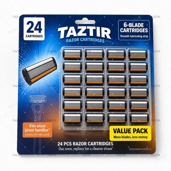 TAZTIR [24pcs] Value Men's Blade Replacement Parts, 6-layer Stainless Steel Manual Safety Shaver with Lubricating Strip, Easy to Install, Precision Design, Classic Men's Shaving Tool