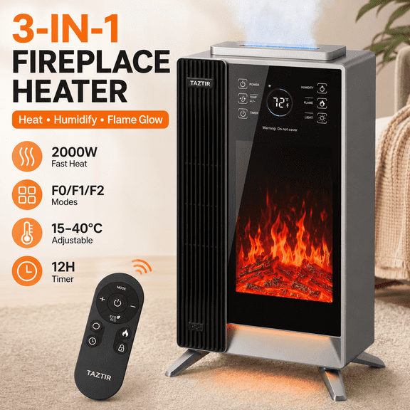 TAZTIR Electric Fireplace Heater with Humidifier, 2000W Graphene Space Heaters with 3D Flame Effect, Remote & Thermostat For Bedrooms Indoor, Black