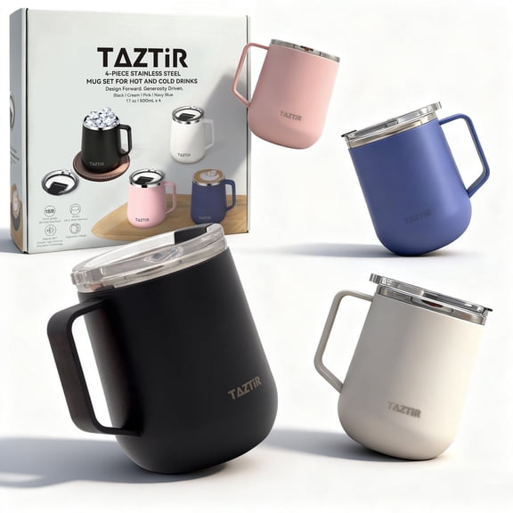 TAZTIR 4-Pcs Stainless Steel Hot & Cold Cups Gift Set,Insulated Coffee Mug 17oz Double Wall Vacuum Sealed with Shatter-Proof Lid, for Hot Cold Drinks in Black Cream Pink Navy Blue