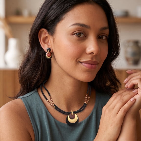 TAZZA Women's Boho Multi-Strand Beaded Disc Pendant Necklace & Drop Earring Set | Layered Wooden-Style Concentric Circle Statement Jewelry Set