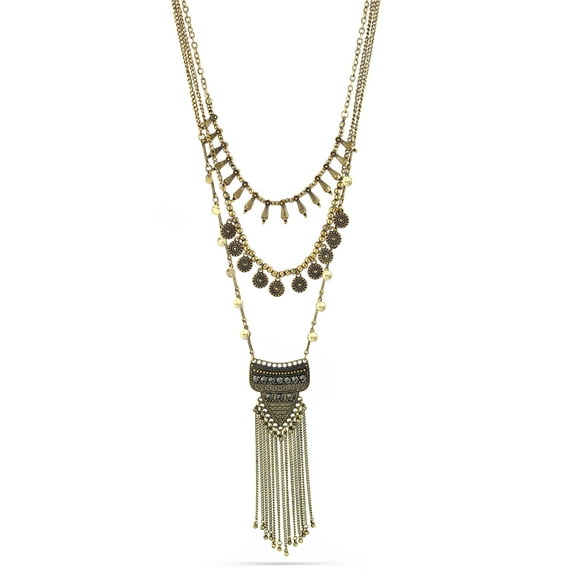 TAZZA WOMEN'S GOLD OXIDIZED ANTIQUE LOOK VINTAGE BOHO CRYSTAL AND TASSEL LAYERED NECKLACE