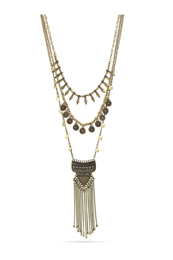 WOMEN'S GOLD OXIDIZED ANTIQUE LOOK VINTAGE BOHO CRYSTAL AND TASSEL LAYERED NECKLACE