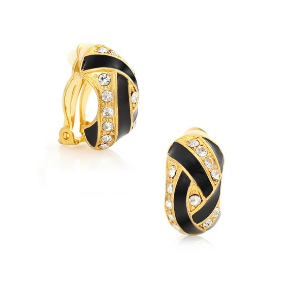TAZZA WOMEN'S GOLD-TONE METAL BLACK ENAMEL CRYSTAL CLIP ON EARRING