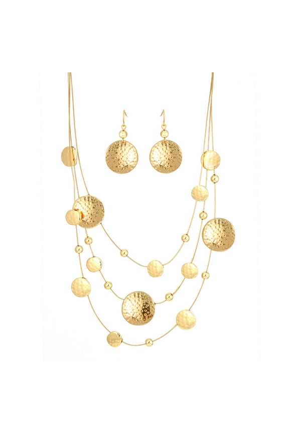 WOMEN'S GOLD-TONE METAL HAMMERED EARRINGS AND ILLUSION STATEMENT NECKLACE SET