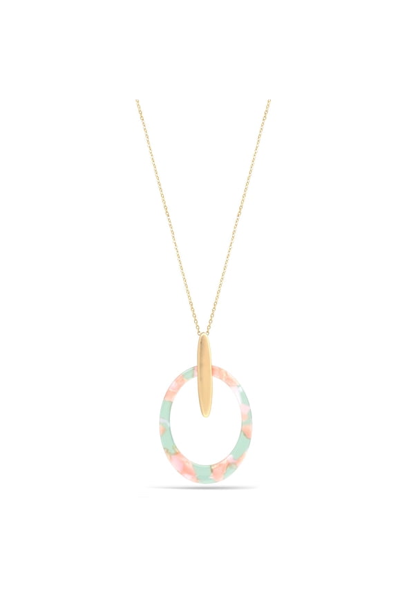 WOMEN'S GREEN AND PINK ACETATE RESIN GOLD OVAL PENDANT NECKLACE