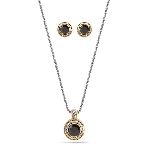 TAZZA WOMEN'S TWO TONE BLACK CRYSTAL ROUND PENDANT NECKLACE AND EARRINGS SET #JJSET-1958BLK