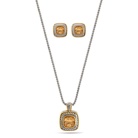 TAZZA WOMEN'S TWO TONE CHAMPAGNE CRYSTAL SQUARE PENDANT NECKLACE AND EARRINGS SET #JJSET-1959CHM