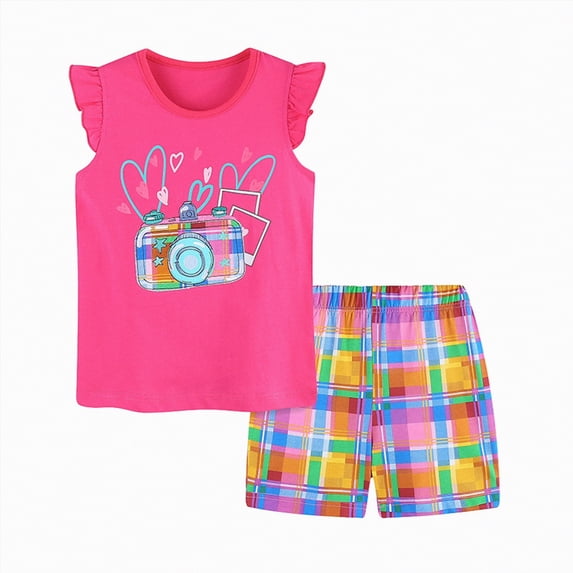 TAmten 2Pcs Summer Outfits Set for Toddler Girls - Flower Short Sleeve T-Shirt & Pants for Gift Summer Outfits Girls' Clothing Set 2Pcs Summer Playwear Beach Outfits(Watermelon Red,4-5 Years)