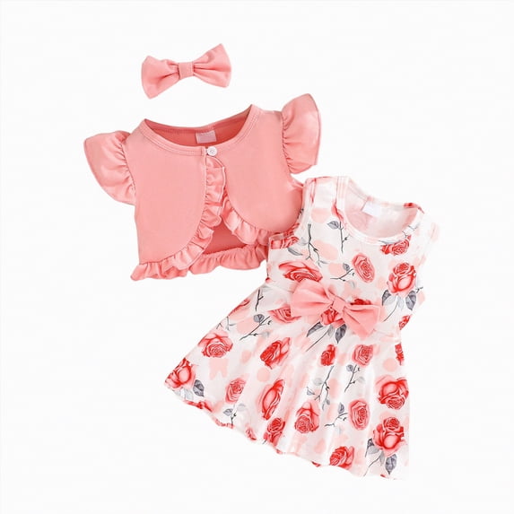 TAmten Clothes for 1 Year Old Girl Cute Bow Floral Print Sleeveless Dress and Ruffle Cardigan Set Summer 2 Piece Outfits(Pink,9-12 Months)