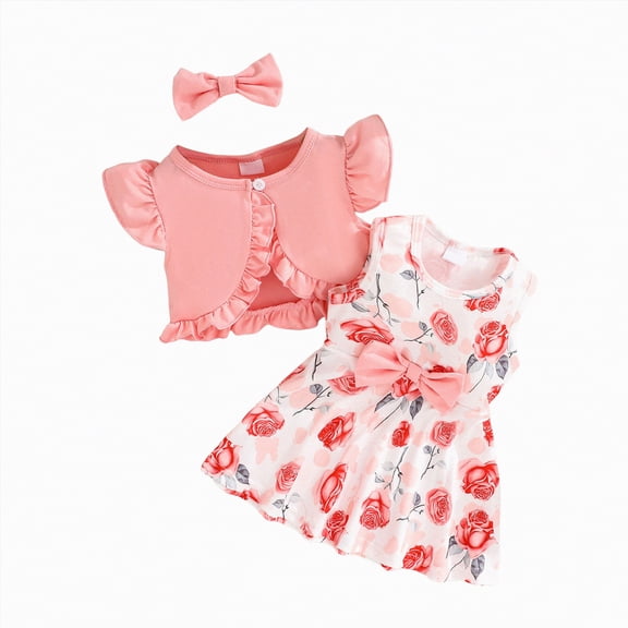 TAmten Clothes for 1 Year Old Girl Cute Bow Floral Print Sleeveless Dress and Ruffle Cardigan Set Summer 2 Piece Outfits(Pink,9-12 Months)
