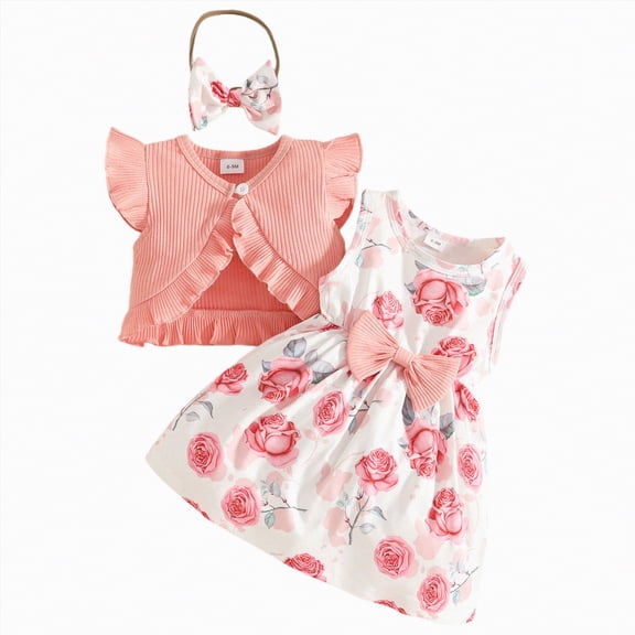 TAmten Clothes for 1 Year Old Girl Cute Bow Floral Print Sleeveless Dress and Ruffle Cardigan Set Summer 2 Piece Outfits(Red,9-12 Months)