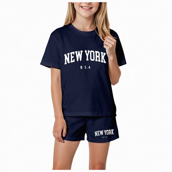 TAmten Girls Summer Outfits Casual Lounge Set Short Sleeve T Shirt and Elastic Waist Shorts Sets Clothes for Girls 10-12(Dark Blue,4-5 Years)