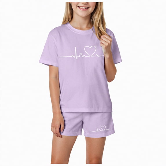 TAmten Girls Summer Outfits Casual Lounge Set Short Sleeve T Shirt and Elastic Waist Shorts Sets Clothes for Girls 10-12(Light Purple,6-7 Years)