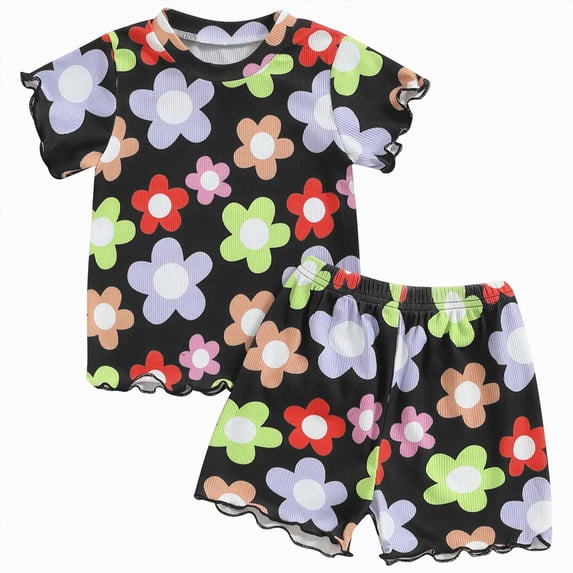 TAmten Infant Baby Girl Summer Clothes Set 9 12 18 24 Months 2T 3T 4T Flower Short Sleeve Round Neck Tops Elastic Waist Shorts Outfit(Black,18-24 Months)