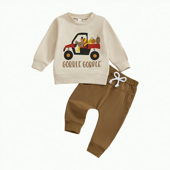 TAmten 18 Month Boy Clothes Fall Clothes Letter Truck Long Sleeve Pullover Sweatshirt Tops Joggers Pants Set Winter Outfits(Khaki,18-24 Months)