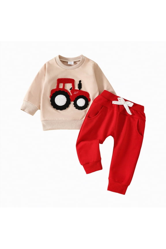 18 Month Boy Clothes Fall Winter Clothes Crewneck Sweatshirt Long Sleeve Trucks Shirt and Pants Cute Boys Outfits(Red,18-24 Months)