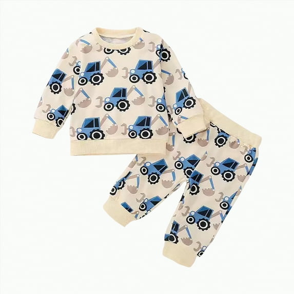 TAmten 3 Month Baby Boy Clothes Fall Winter Clothes Crewneck Sweatshirt Long Sleeve Trucks Shirt and Pants Cute Boys Outfits(Beige,18-24 Months)