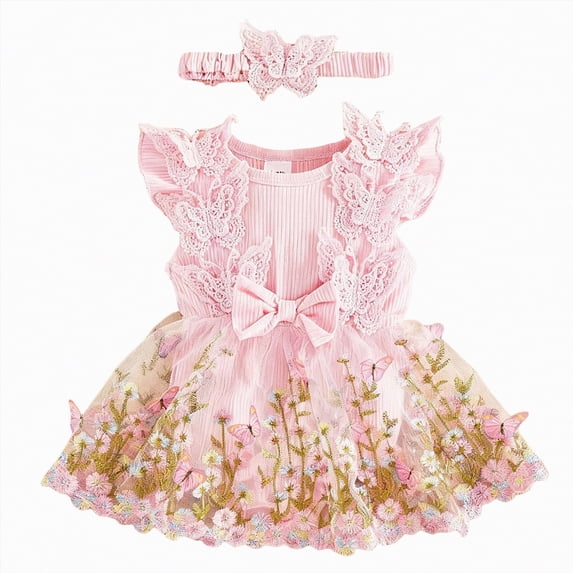 TAmten 3 Month Baby Girl Clothes Newborn Baby Girl 1st Birthday Outfit Floral Lace Tulle Romper Tutu Dress Cake Smash Princess Boho Clothes Photo Shoot(Pink,3-6 Months)