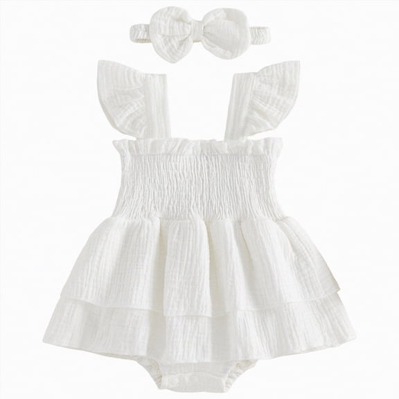 TAmten 6-9 Month Girl Clothes Ruffled Sleeveless Romper Floral Dreesy Bodysuit Heaedband 2pcs Baby Girl Summer Clothes(White,12-18 Months)
