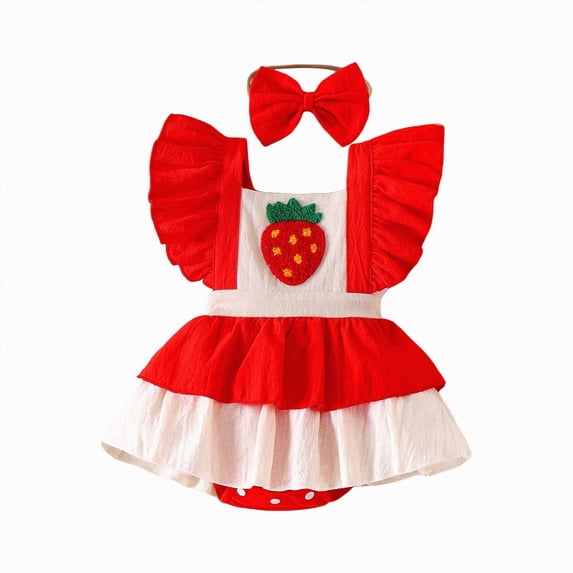 TAmten 6-9 Month Girl Clothes Ruffled Sleeveless Romper Fruit Dreesy Bodysuit Heaedband 2pcs Baby Girl Summer Clothes(Red,0-3 Months)