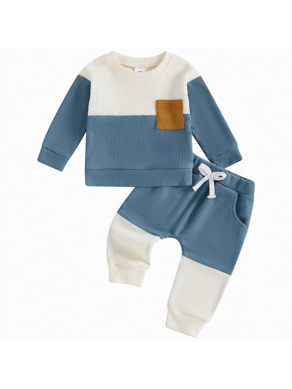 9 Month Baby Boy Clothes Fall Winter Outfits Letter Crewneck Sweatshirt Casual Pants 2Pcs Clothes Set Tops + Joggers Pants Outfit Set(Blue,6-12 Months)