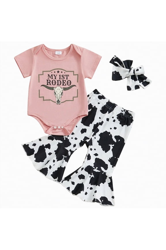 Baby Girl Clothes 3-6 Months Western Baby Girl Clothes Summer Cowgirl Outfit Short Sleeve Romper Bow Boots Cow Print Flared Bell Bottom Pants Set(Red,0-3 Months)