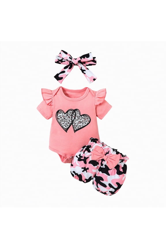 Baby Girl Clothes Infant Summer Outfits Set Heart Print Ruffle Sleeve Romper and Floral Shorts with Headband(Pink,6-9 Months)
