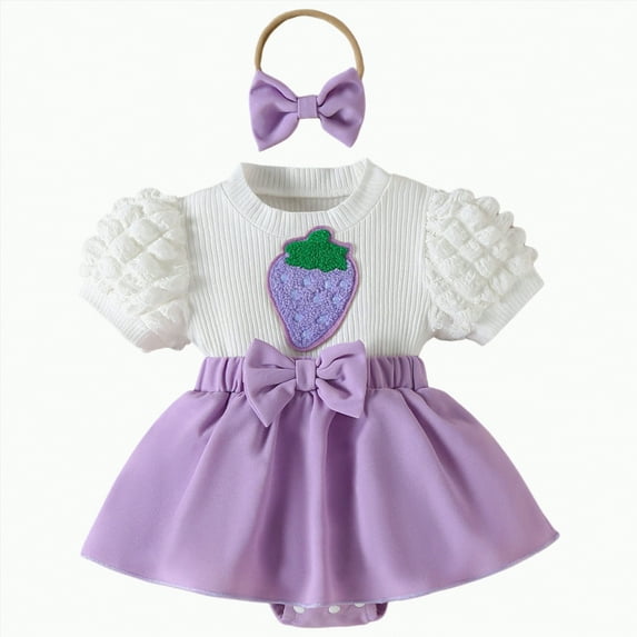 TAmten Baby Girl Clothes Newborn Romper Dress Strawberry Pattern Infant Lace Ruffle Sleeveless Summer Outfits with Headband 0-18 Months(Purple,6-9 Months)