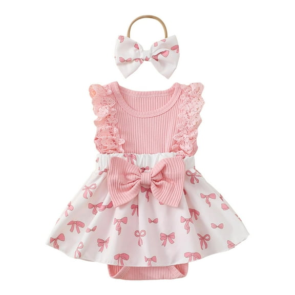 TAmten Baby Girl Summer Outfit Romper Dress Lace Ruffle Sleeveless Summer Outfits with Headband(Light Pink,12-18 Months)
