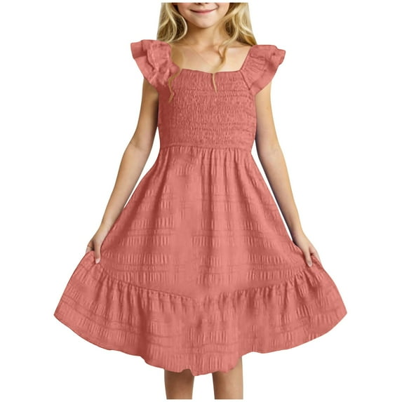 TAmten Black Dress for Kids KIDS Girls Summer Dresses Cute Double Layer Ruffle Sleeve Smocked Flowy Dress Flowy Dress for Girls(Brick Red,4-5 Years)