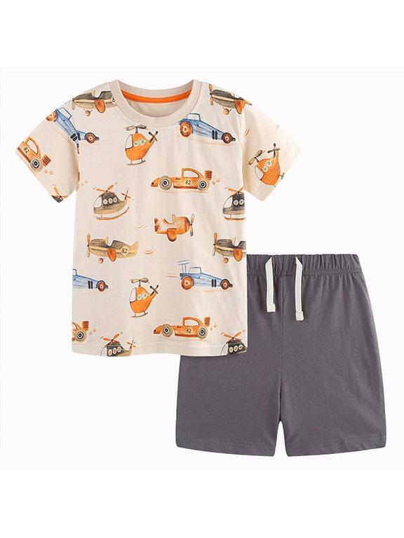 Boy's 2-8 Years Short Sleeve T-Shirt and Short Outfit Set Dinosaur Car Casual Outfit Cotton Clothing Summer Outfits Sets(Beige,5-6 Years)