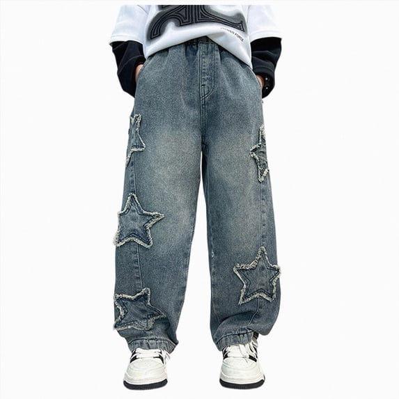 TAmten Boys Star Baggy Jeans,Wide Leg Elastic Waist Denim Pants Loose Fit Trousers Vintage Y2K Streetwear(Blue,9-10 Years)