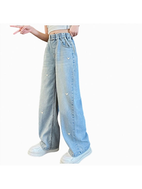 Girl Clothes Size 10-12 Jeans Girls’Wide Leg Jeans 6-14 Years Trendy Baggy Denim Pants with Elastic Waist Soft Stretch Easy On Off Casual School Playdates